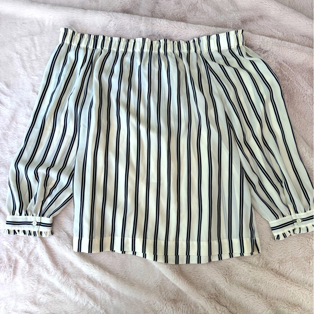 J. Crew Mercantile Off-The-Shoulder Bow Blouse SZ M Striped Navy & Cream - Picture 6 of 15